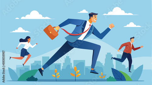 Competitive businessman with spring shoes leaping over rivals, gaining advantage through innovation, efficiency, and skill to win business race