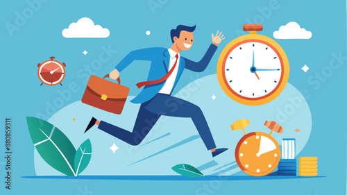 Smart Time Management: Confident Businessman Jumps Over Passing Clock, Achieving Success and Meeting Deadlines