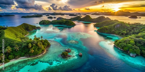 Breathtaking aerial view of majestic turquoise lagoon surrounded by lush green islands and coral reefs in a serene tropical paradise at dusk. photo