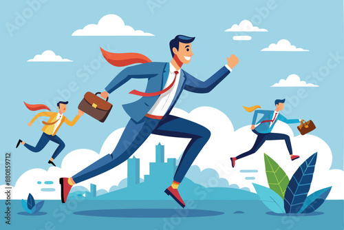 Competitive businessman with spring shoes leaping over rivals, gaining advantage through innovation, efficiency, and skill to win business race