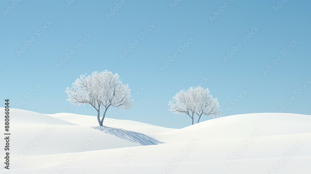 Fototapeta premium Winter landscape with trees in the snow against the blue sky. 3d render