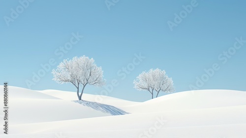 Winter landscape with trees in the snow against the blue sky. 3d render