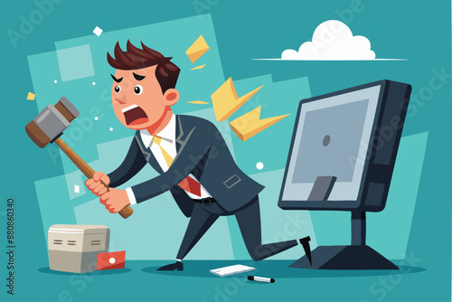 Frustrated Businessman Smashing Computer with Hammer, Overwhelmed by Tech Failures and Work Stress
