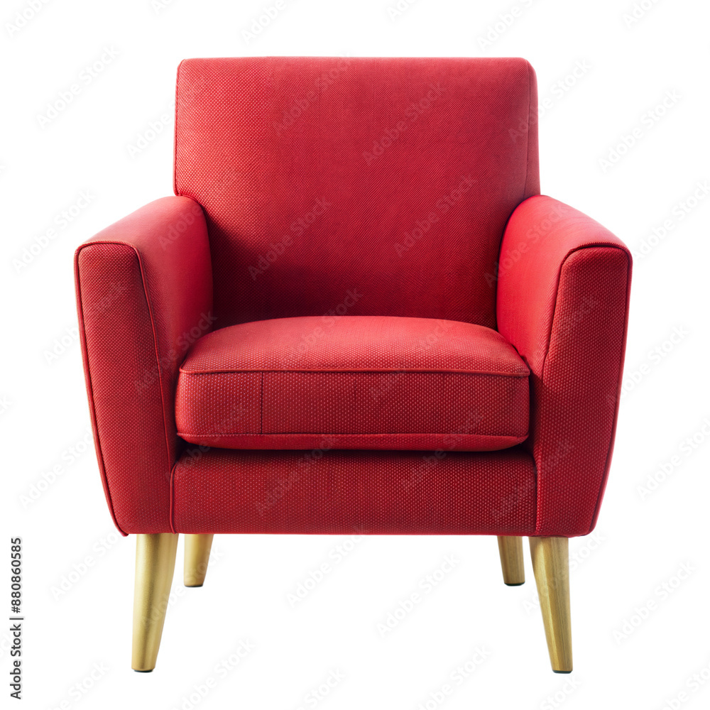 Red fabric armchair with gold legs, isolated on transparent background with clipping path cut-out Red fabric armchair with gold legs, isolated on transparent background with clipping path cut-out