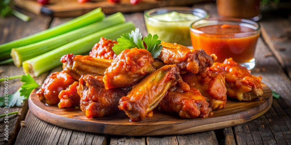 Spicy buffalo wings drizzled with melted hot sauce rest on a rustic wooden table, surrounded by scattered celery sticks against a blurred, out-of-focus background. Spicy buffalo wings drizzled with melted hot sauce rest on a rustic wooden table, surrounded by scattered celery sticks against a blurred, out-of-focus background.