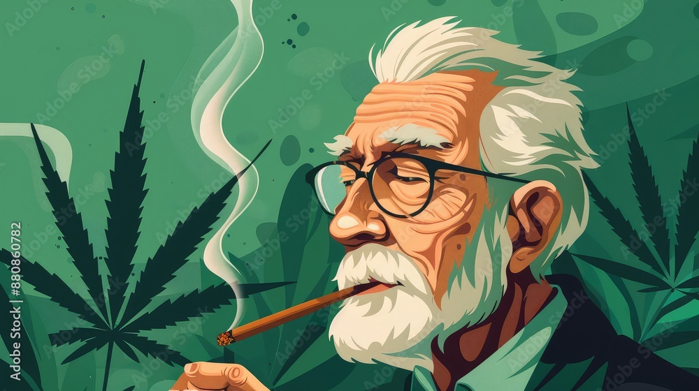 Senior Man Enjoying Cannabis: Vector Illustration
