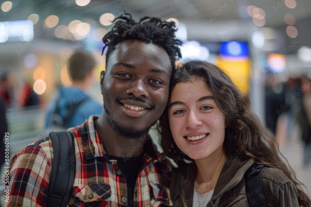 Portrait of a smiling multiethnic couple in their 20s wearing a comfy flannel shirt isolated on bustling airport terminal background Portrait of a smiling multiethnic couple in their 20s wearing a comfy flannel shirt isolated on bustling airport terminal background