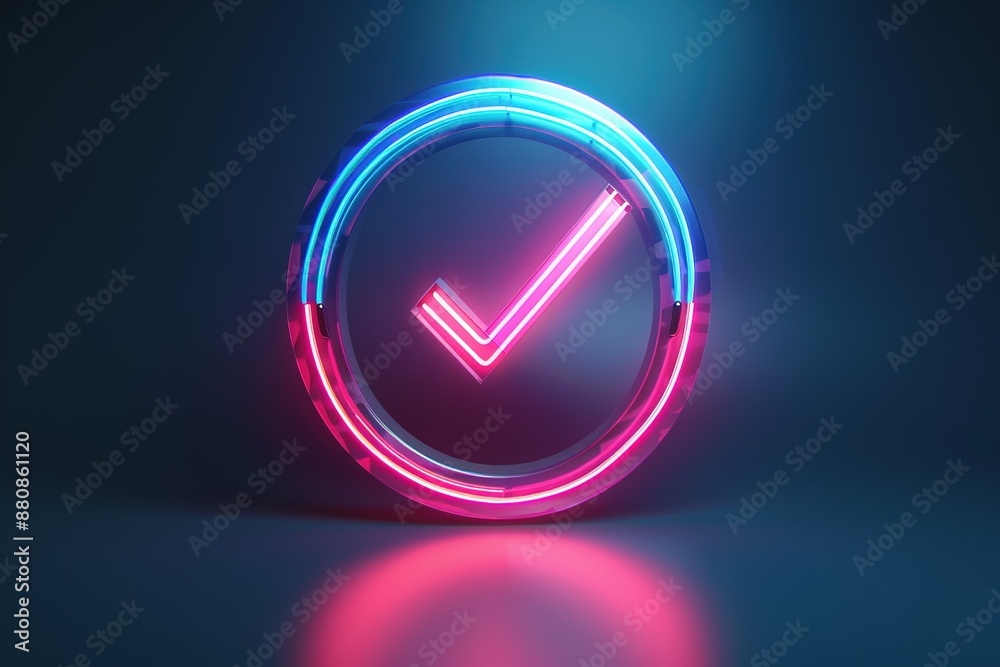 Blue and pink color light glowing check mark icon. Check mark symbol glowing neon light Blue and pink color light glowing check mark icon. Check mark symbol glowing neon light