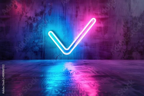 Blue and pink color light glowing check mark icon. Check mark symbol glowing neon light photo