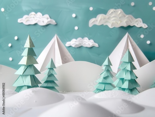 serene winter mountain landscape origamistyle fir trees crisp white snow 3d paper art aesthetic tranquil holiday scene geometric shapes photo