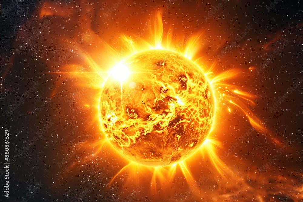 Bright sun against dark starry sky in Solar System. Sun in Space. Solar Surface Activity, Corona. Heatwave hot sun. Climate Change. Global Warming. Temperature of Summer season. Geomagnetic storm Bright sun against dark starry sky in Solar System. Sun in Space. Solar Surface Activity, Corona. Heatwave hot sun. Climate Change. Global Warming. Temperature of Summer season. Geomagnetic storm