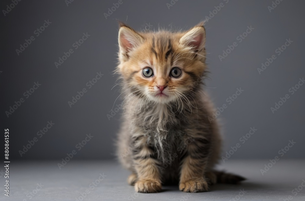 Obraz premium Fluffy brown tabby kitten with big eyes sitting on gray background
