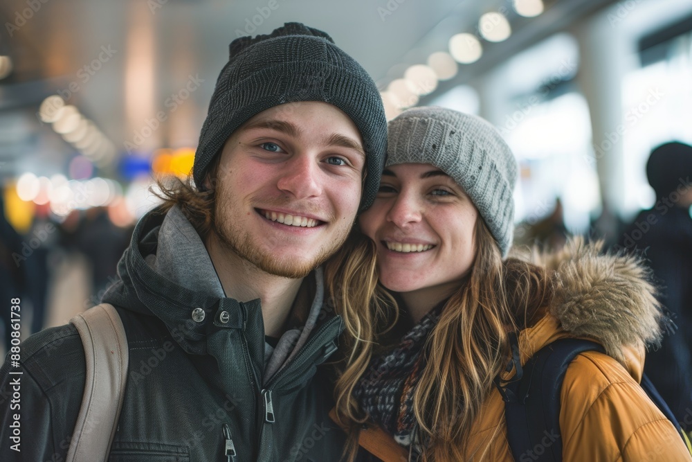 Portrait of a smiling caucasian couple in their 20s sporting a trendy beanie in bustling airport terminal background Portrait of a smiling caucasian couple in their 20s sporting a trendy beanie in bustling airport terminal background