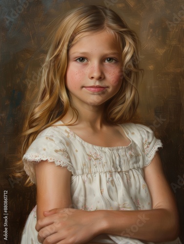Free Download A painted portrait of a young girl with sunlit hair and freckles portrays a quiet confidence. Her gentle smile and soft gaze convey the serenity of her youthful spirit. - GFXLoad