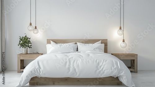 White wooden king bed with bedside tables and lamps on white backdrop photo