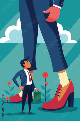Giant Boss's Feet on Fearful Employee Illustrating Workplace Harassment, Abuse, and Discrimination