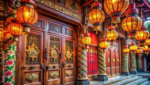 Vibrant colors of traditional lanterns, intricately carved wooden doors, and ornate decorations adorn a historic temple's exterior, evoking a sense of rich cultural heritage.