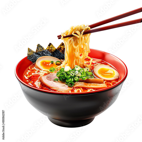 Delicious bowl of ramen with noodles, boiled egg, seaweed, and green onions. Perfect for Asian cuisine enthusiasts and food photography., transparent background