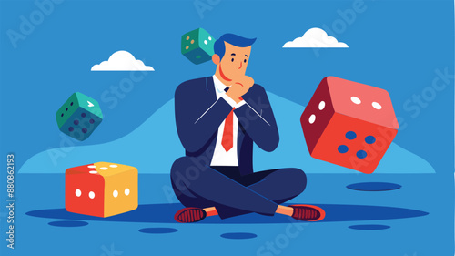 Business Decisions: Meditative Businessman Ponders Dice Roll Outcomes of Right, Wrong, or Uncertain Choices