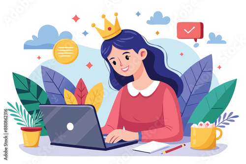 Content is King: Happy Woman Writer Creates Engaging Articles on Laptop, Wearing Crown for Success