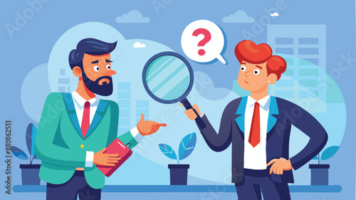 Suspicious businessman analyzes partner with magnifying glass, questioning transparency and trust in business relationship, concerned about potential fraud