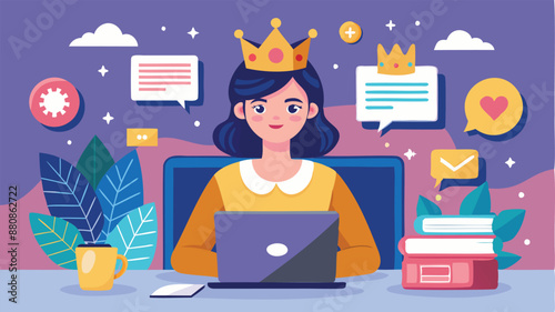 Content is King: Happy Woman Writer Creates Engaging Articles on Laptop, Wearing Crown for Success