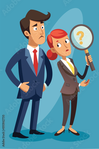 Suspicious businessman analyzes partner with magnifying glass, questioning transparency and trust in business relationship, concerned about potential fraud