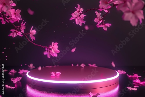 futuristic glowing neon in dark background, pink podium display. Sakura pink flower falling. Cosmetic or beauty product promotion step floral, pastel pedestal. Abstract minimal advertise.  photo