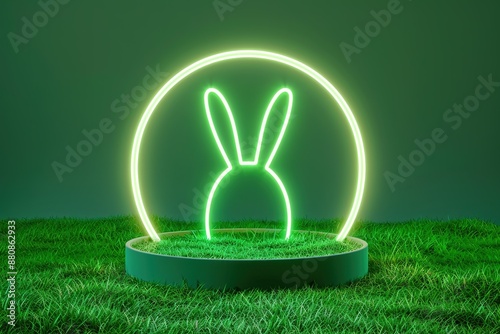 futuristic glowing neon in dark display podium pastel green background, Easter bunny on natural green grass. Rabbit ears. Nature minimal pedestal. Beauty, cosmetic product presentation. Spring 