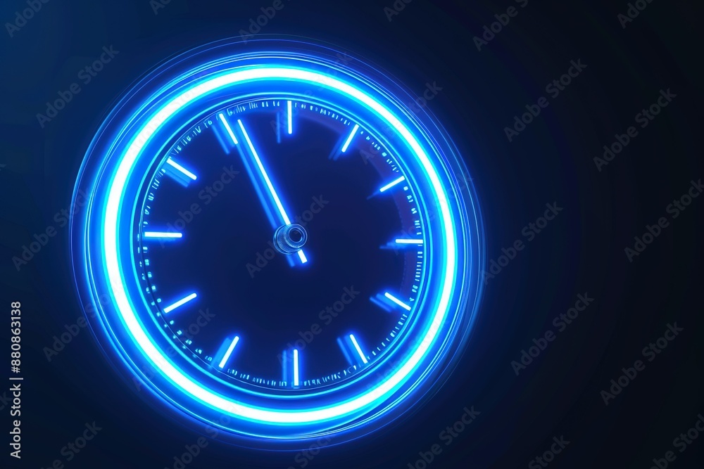 Glowing neon line with speedometer speed time clock icon in blue neon style. modern conceptual design background Glowing neon line with speedometer speed time clock icon in blue neon style. modern conceptual design background