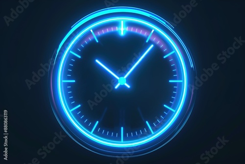 Glowing neon line with speedometer speed time clock icon in blue neon style. modern conceptual design background