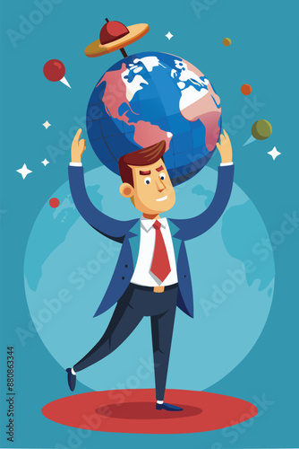 Businessman acrobat balancing world globe on head, representing geopolitical risks, leader conflicts, and economic dangers like war and nuclear tensions