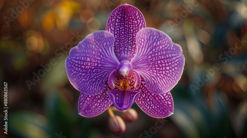 Close-up of a vibrant purple orchid with dew drops on its petals. The flower is in focus with a blurred background. photo