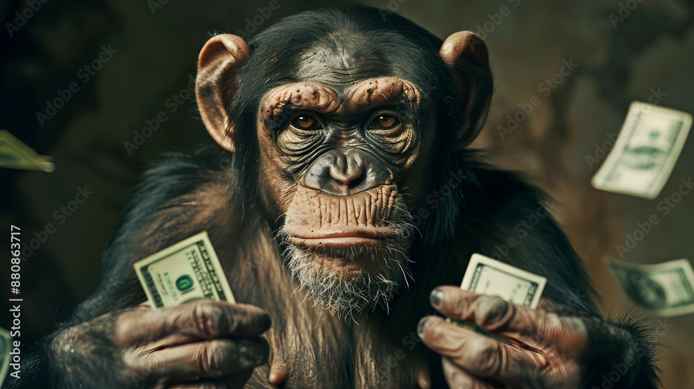 A scene where a giant monkey is clutching a dollar bill and staring straight ahead. A scene where a giant monkey is clutching a dollar bill and staring straight ahead.