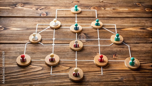 Organizational chart on a wooden desk with arrows and circles, representing a hierarchical system, cooperation, and leadership within a company or business. photo