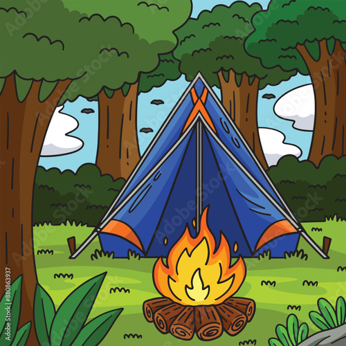 Camping Tent and Bonfire Colored Cartoon 