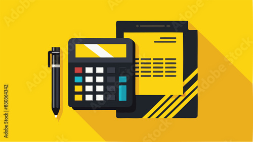 Crunching Numbers: A Flat Lay Composition of Black Pen and Calculator on Vivid Yellow Background for Financial Calculations and Analysis