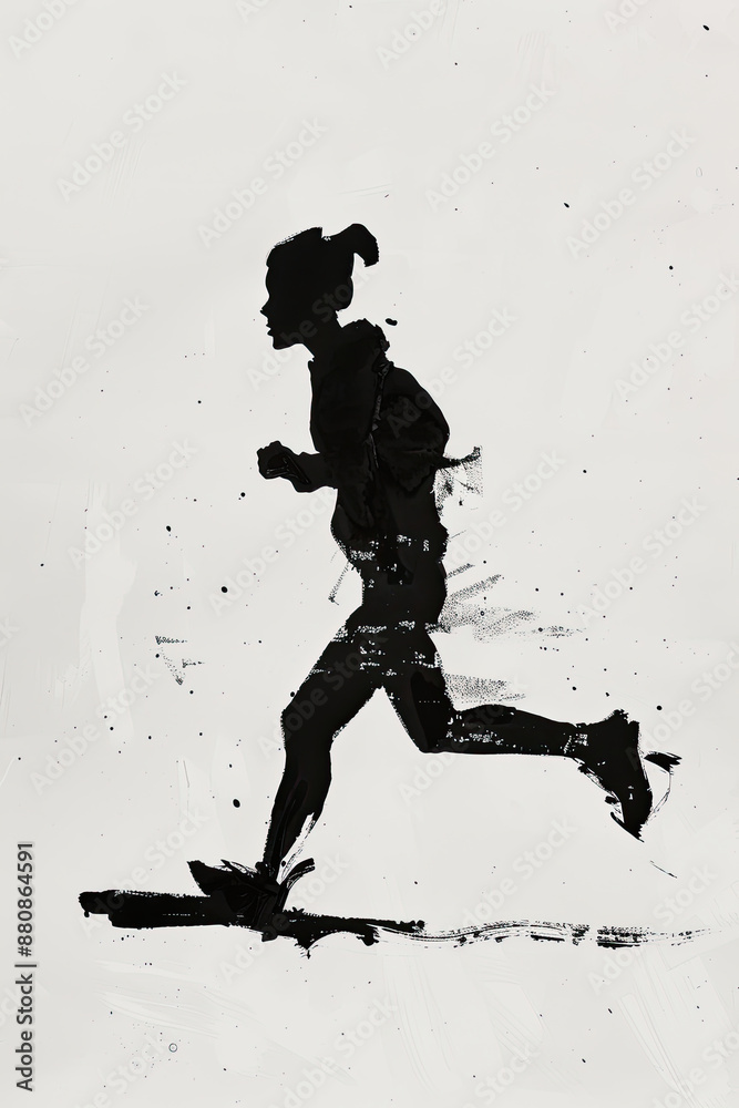 A black and white sketch of a person jogging