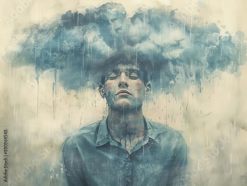 surreal illustration of a man with a storm cloud hovering above his head raining down thoughts and worries muted colors and soft edges