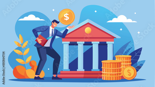 Investment Banking: Businessman Places Coin on Bank, Symbolizing Financial Services for Wealth Management and Growth