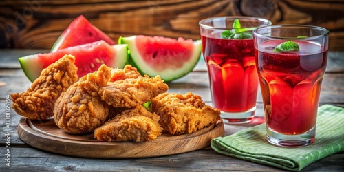 A colorful still life of fried chicken, juicy watermelon slices, and a glass of grape juice, arranged in playful chaos, evoking a sense of joyful indulgence. photo