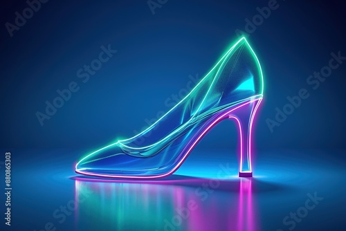 Neon women shoe in blue and green color. elegant design of women shoe with high heel consisting of neon outlines, with backlight on the bright background