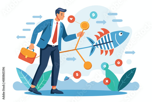 Businessman analyzing problem using fishbone diagram tool, conducting root cause analysis to find solutions and understand effects