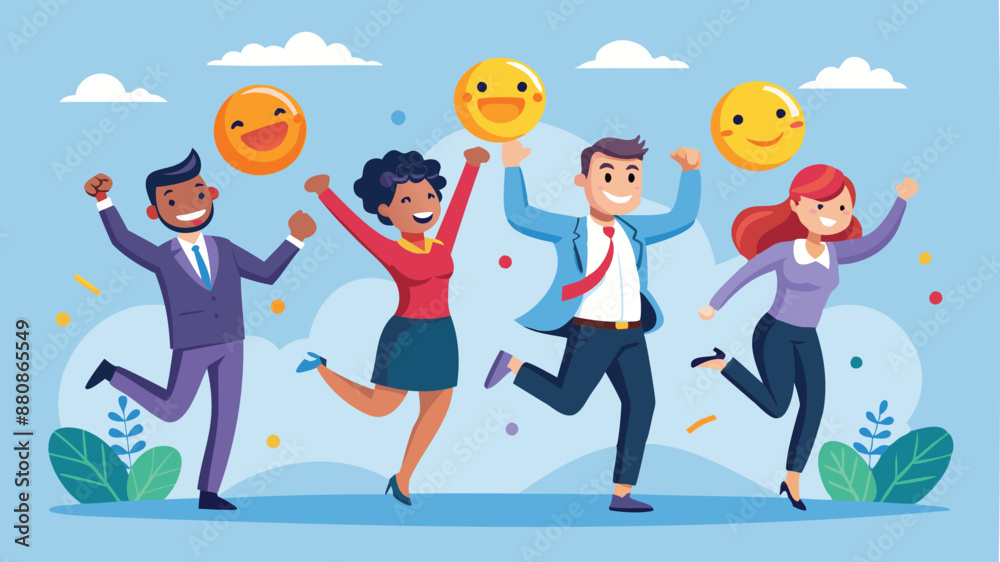 Fototapeta premium Joyful Business People Jumping from Anxiety to Delight, Employee Happiness and Wellbeing
