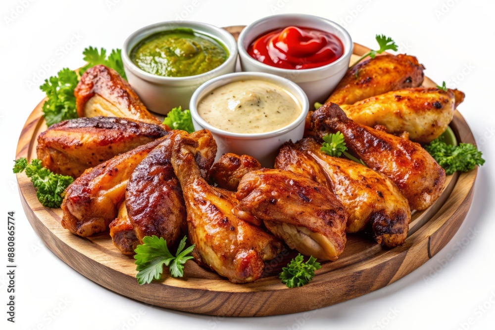 Juicy grilled and fried chicken wings with varying sauces, isolated on transparent background, perfect for culinary designs, illustrations, and gourmet food graphics. Juicy grilled and fried chicken wings with varying sauces, isolated on transparent background, perfect for culinary designs, illustrations, and gourmet food graphics.