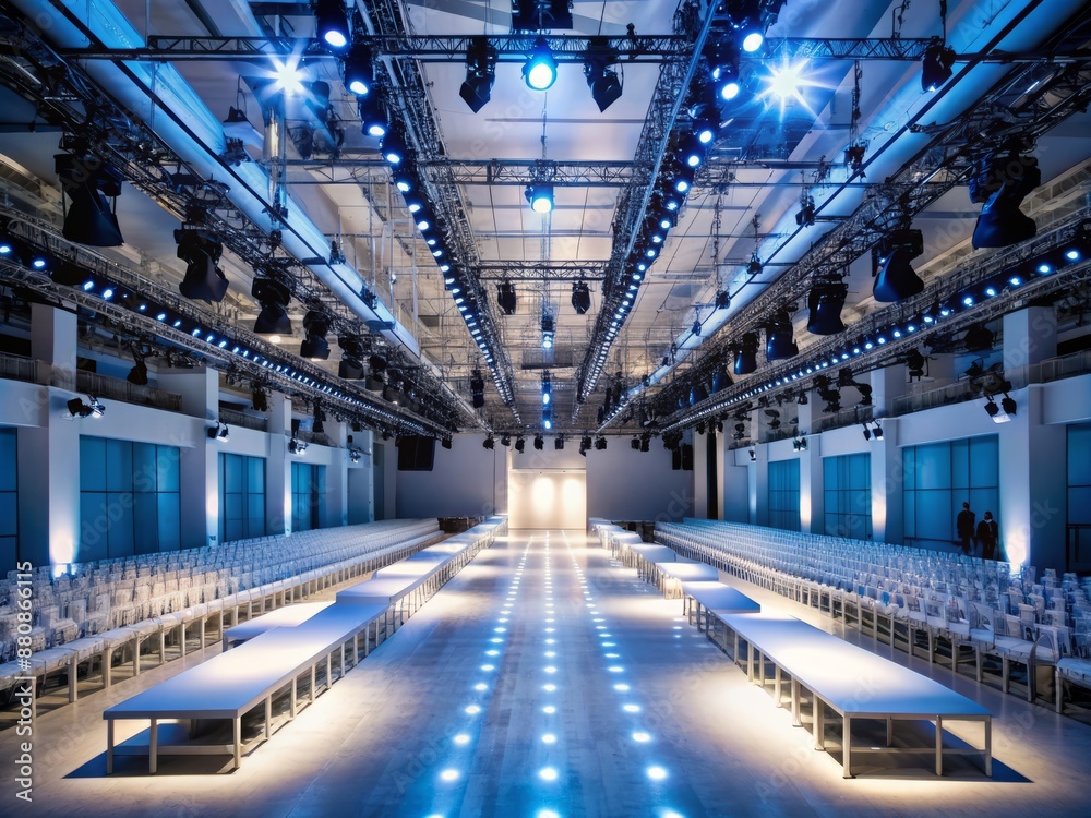 Naklejka premium Glamorous vacant runway illuminated by modern lights awaits models, surrounded by tiered seating and stylish decor, perfect for high-end fashion event photography.