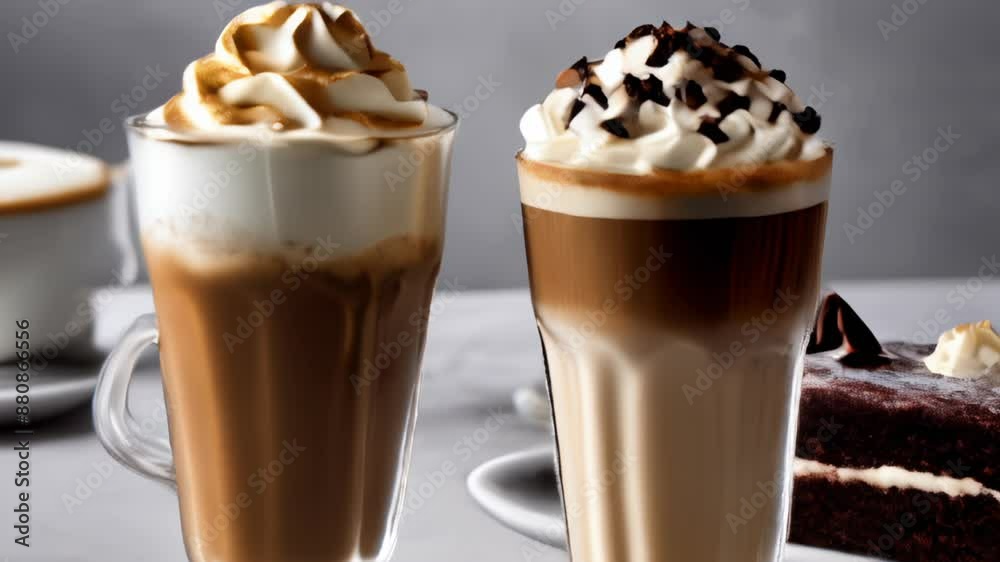 Indulgence in a glass Doublelayered coffee drinks with whipped cream and chocolate shavings Indulgence in a glass Doublelayered coffee drinks with whipped cream and chocolate shavings