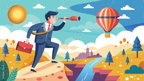 Visionary Businessman Navigating Path to Success with Spyglass and Hot Air Balloon