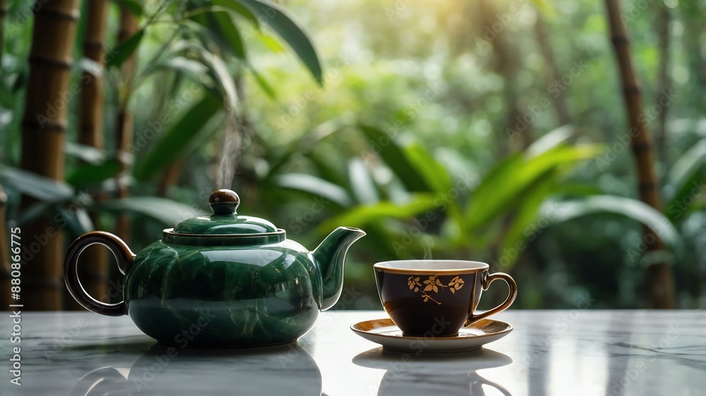 jade tea pot pouring warm tea into a teacup on a marbl background jade tea pot pouring warm tea into a teacup on a marbl background