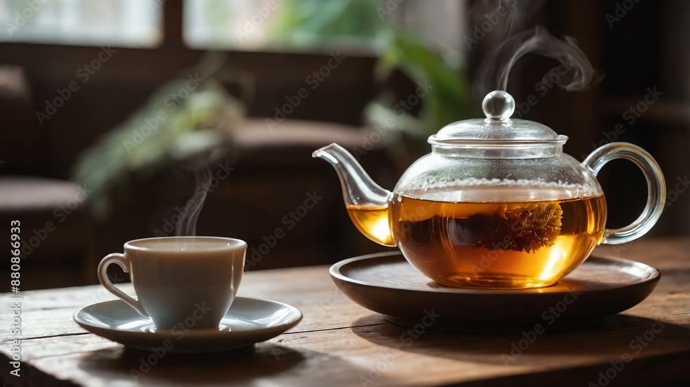 glass tea pot pouring warm tea into a teacup on a rust background glass tea pot pouring warm tea into a teacup on a rust background
